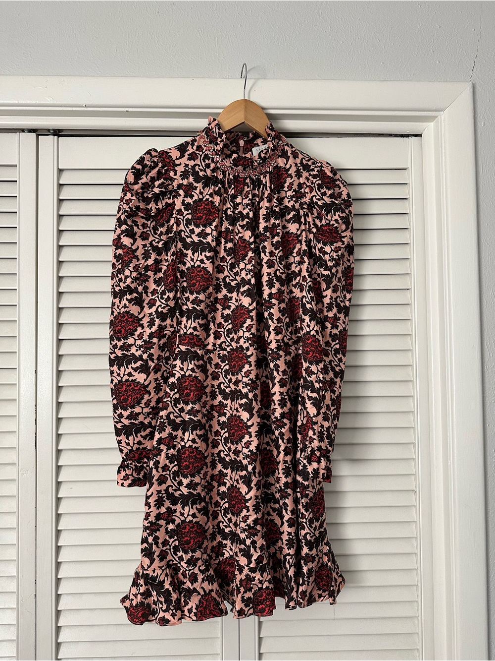 Sandro Pink Floral High-Neck Long Sleeve Mini Dress